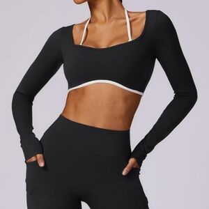 Black and White Contrast Trim Long Sleeve Halter Strap Workout Crop Top